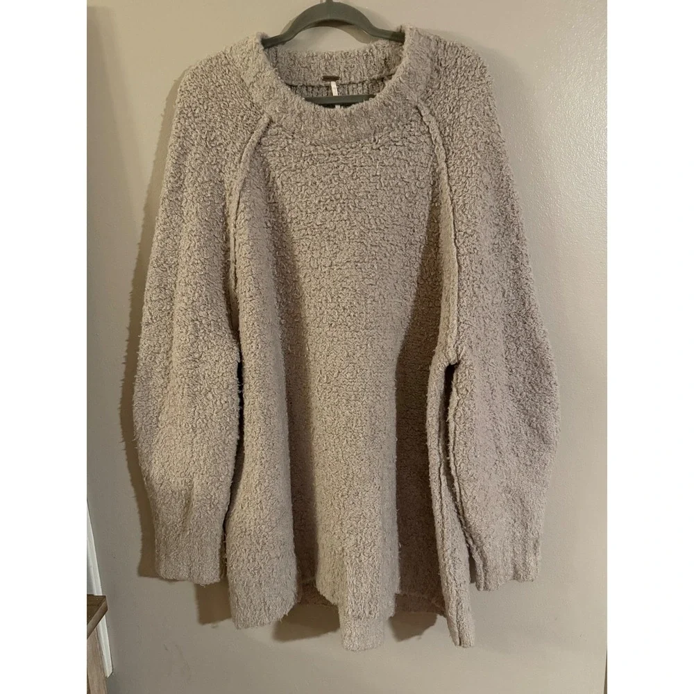 Free People Oversized Boucle Knit Teddy Sweater Beige OB1166170 Large
